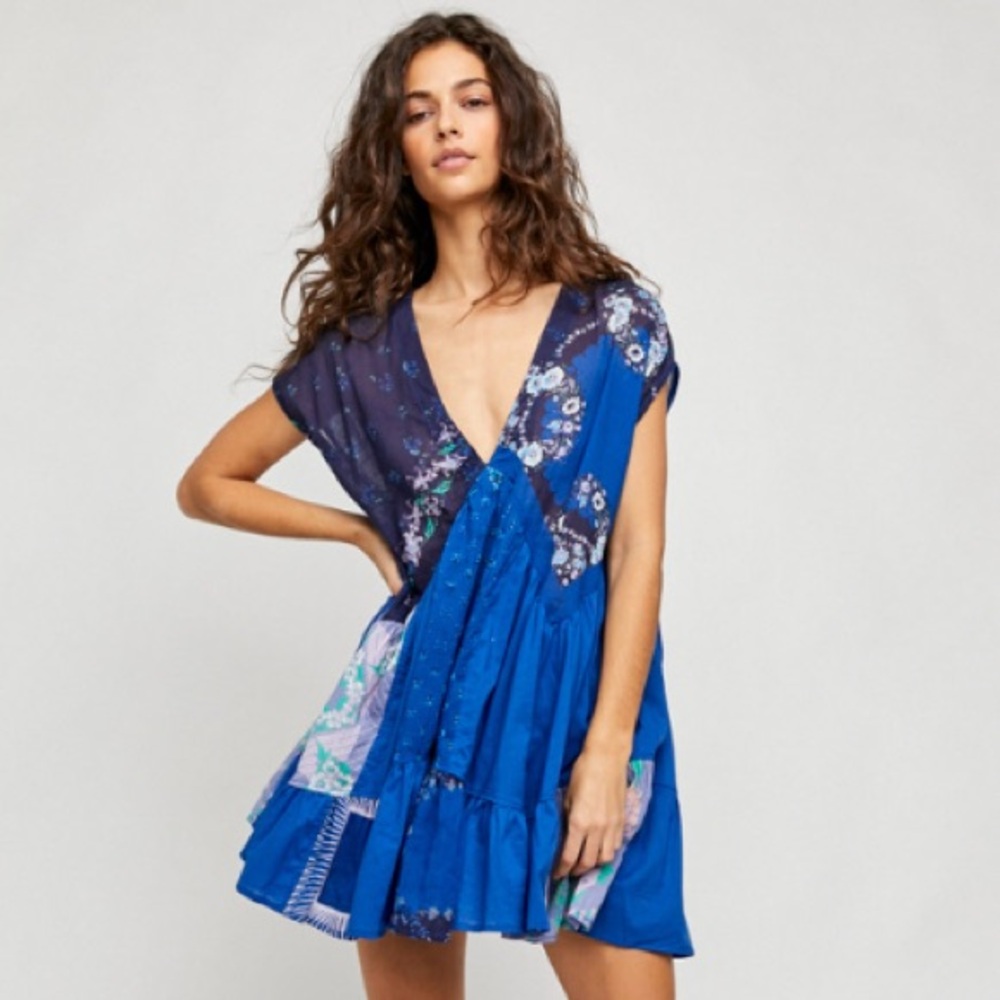 Free People Mended With Scarves Mini Dress Color Blue Small